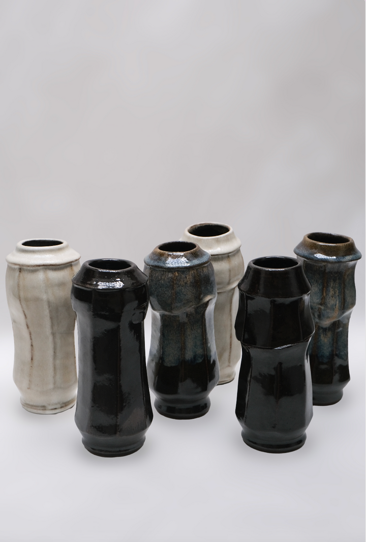 Tall Bud Vase in Cream, Tenmoku or Rutile